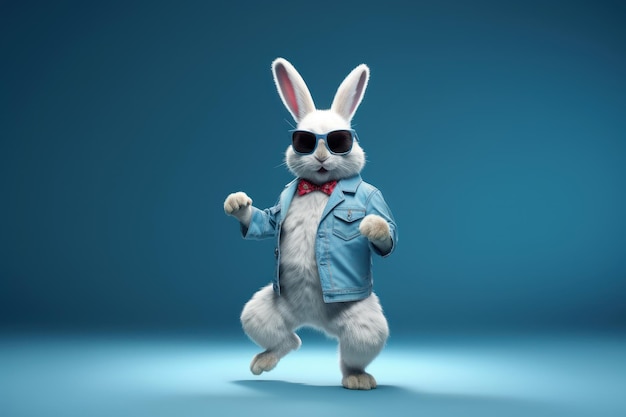 Lapin mignon avec des lunettes de soleil dansant isolé sur fond bleu AI générative