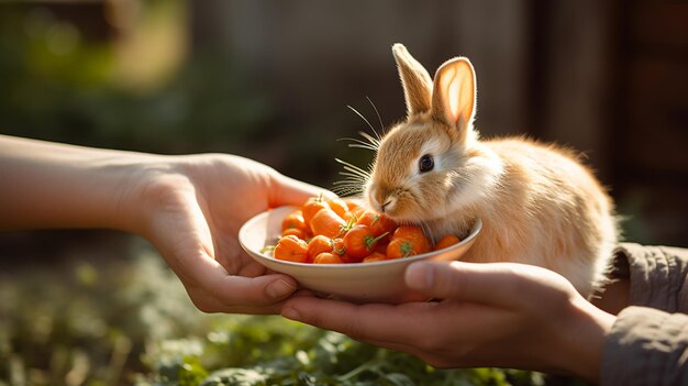 Un lapin mignon mangeant des carottes des mains humaines Soins de santé et amour pour les animaux conceptAI générative