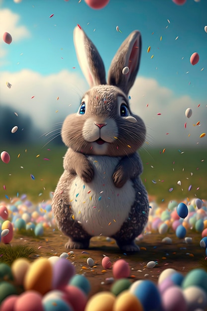 Lapin mignon avec des oeufs de pâques et fond de ciel de confettis tombant