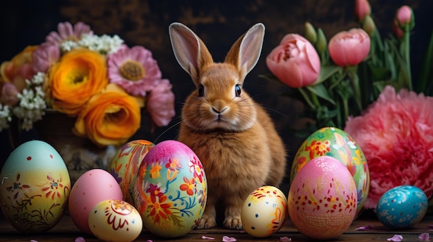 Un lapin mignon et des œufs de Pâques sur un fond sombre Bonne Pâques concept et idéeAI IA générative