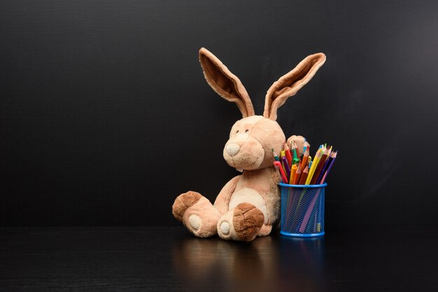 Lapin mignon s'asseoir sur le fond d'un tableau de craie noire, retour à l'école, espace copie