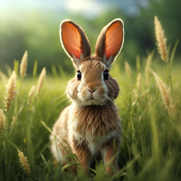 Photo un lapin mignon avec ses oreilles ragaillardi debout dans un pré de hautes herbes