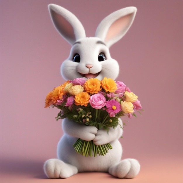 Lapin mignon souriant tenant un bouquet de fleurs colorées généré par ai