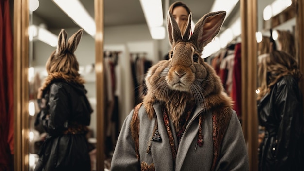 Un lapin à la mode essayant diverses tenues devant un miroir