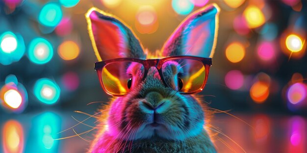 Un lapin à la mode portant des lunettes de soleil sur un fond tropical