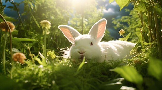 Lapin moelleux assis sur l'herbe verte