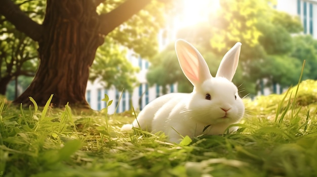 Lapin moelleux assis sur l'herbe verte