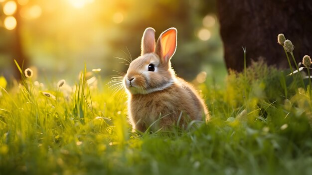 Lapin moelleux assis sur l'herbe verte