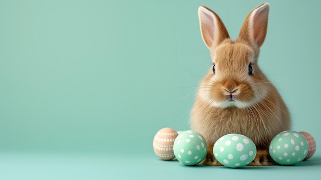 Un lapin moelleux avec des œufs de Pâques sur un fond vert