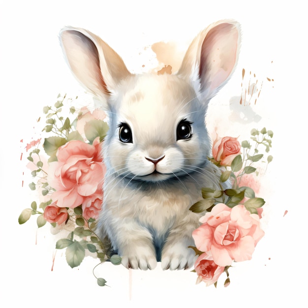 Un lapin moelleux parmi les fleurs C'est une fille Aquarelle Illustration d'un lapin mignon pour les invitations pour enfants