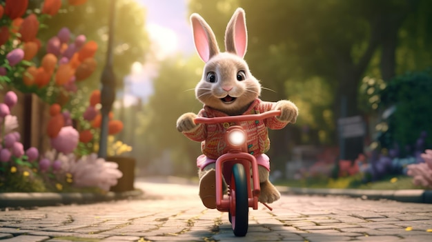 Un lapin monte un vélo rouge avec un vélo rouge sur le devant.