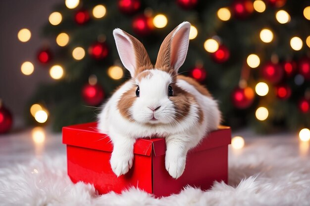 Photo lapin à noël un lapin mignon blanc et brun détourne son regard d'une boîte à cadeaux rouge sur le fond des lumières de noël une surprise hilarante