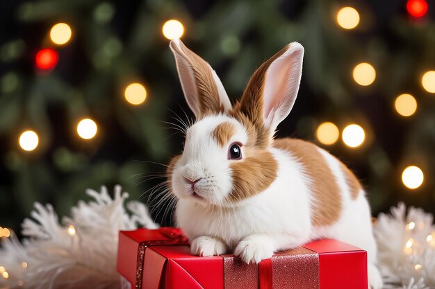 Photo lapin à noël un lapin mignon blanc et brun détourne son regard d'une boîte à cadeaux rouge sur le fond des lumières de noël une surprise hilarante