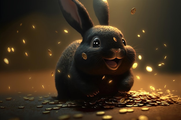 Le lapin noir a gagné la loterie du casino les pièces d'or coulent d'en haut l'or est partout Le lapin heureux se réjouit de la victoire illustration 3d