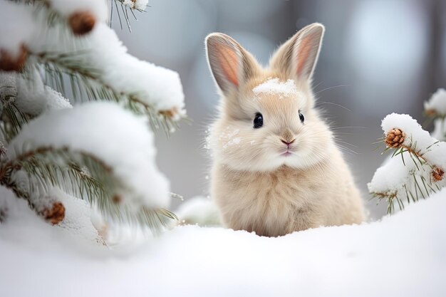 un lapin avec un œil noir et un nez blanc est assis dans la neige