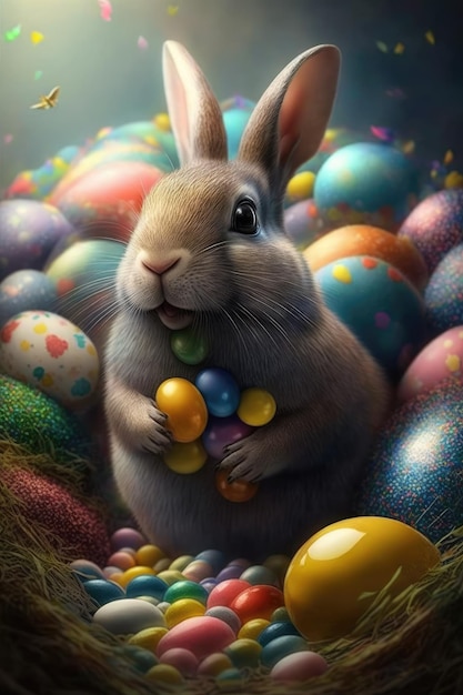 Un lapin avec un œuf rempli de bonbons