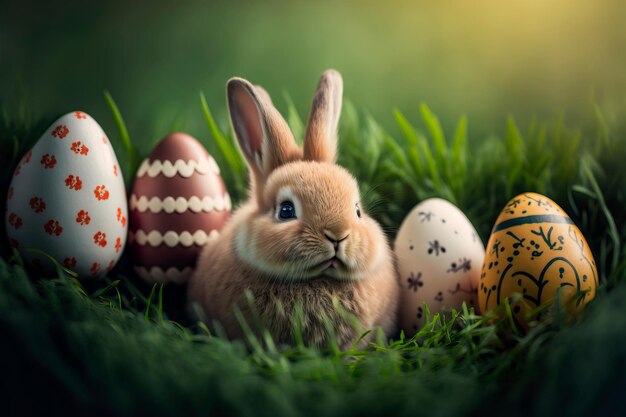 Lapin et oeufs de pâques dans l'herbe verte Pâques mignon lapin dans le jardin