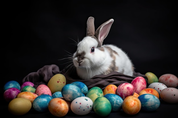 Lapin et œufs de Pâques sur un fond noir Shoot en studio généré par l'IA