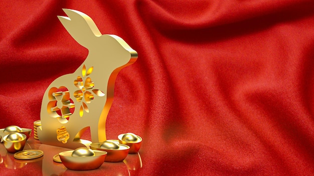 Le lapin d'or et l'argent chinois vintage sur fond rouge rendu 3d