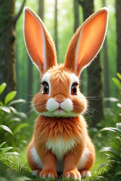 Photo un lapin orange sauvage avec de grandes oreilles dans une forêt verte fraîche lapin bébé de printemps ou lapin de pâques