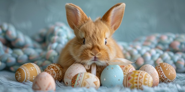 Un lapin avec des oreilles souples assis devant un nid d'œufs montrant une scène de décoration de printemps ou de Pâques