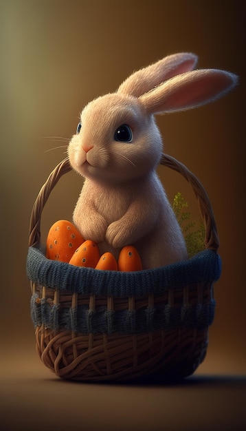 Lapin sur panier affiche un lapin attachant entouré d'un panier de friandises représentant le charme de Pâques