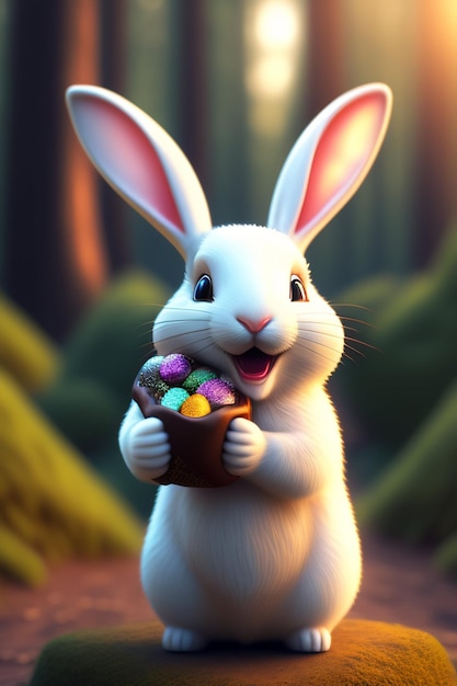 Un lapin avec un panier de chocolats