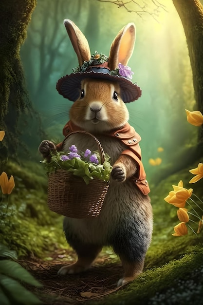 Un lapin avec un panier de fleurs