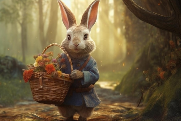 Un lapin avec un panier de fleurs