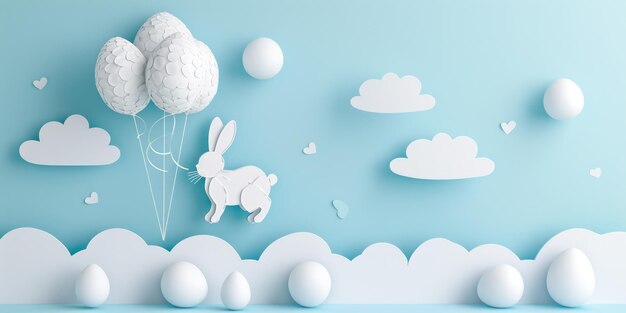 Un lapin de papier entouré d'œufs, de nuages, de fleurs et de ballons