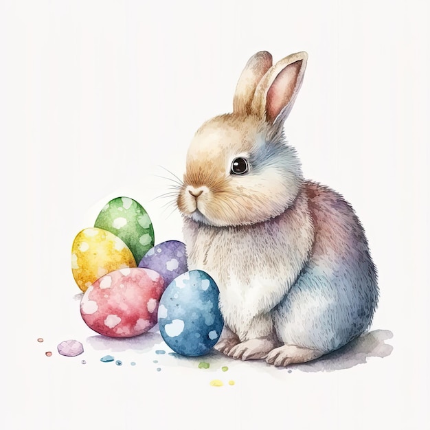 Lapin de Pâques aquarelle mignon avec illustration d'oeufs AI GenerativexA