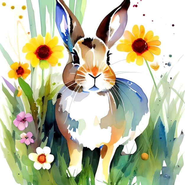 Lapin de Pâques aquarelle numérique avec des oeufs de Pâques