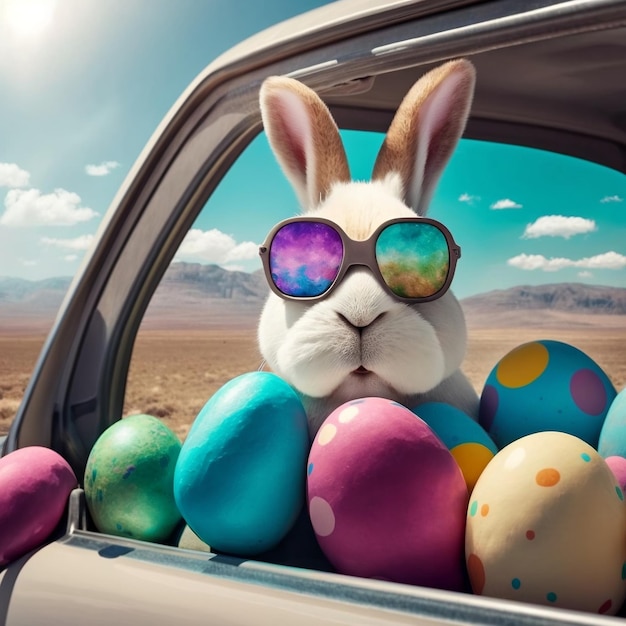 Le lapin de Pâques arborant des lunettes de soleil au milieu d'une voiture débordant d'œufs, le spectacle le plus mignon de ces vacances AI générative