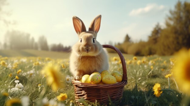 Photo le lapin de pâques assis dans un champ vert avec un panier d'œufs dans le pré de printemps chasse à pâques