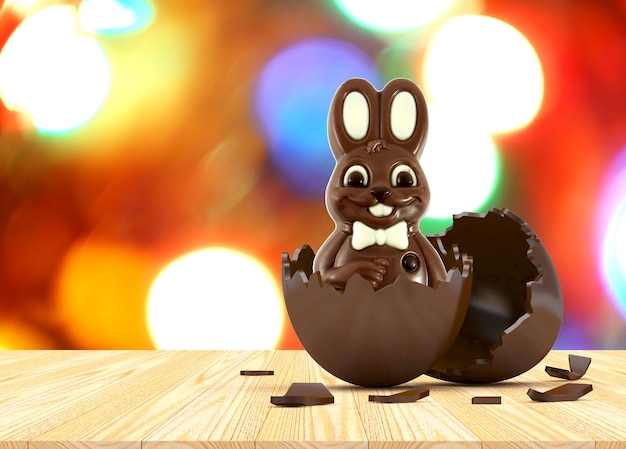 Lapin de Pâques au chocolat dans une coquille d'oeuf cassée dans des lumières floues bokeh