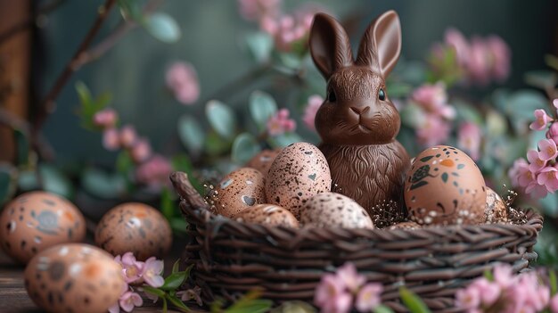 Un lapin de Pâques au chocolat avec un panier d'œufs de couleurs