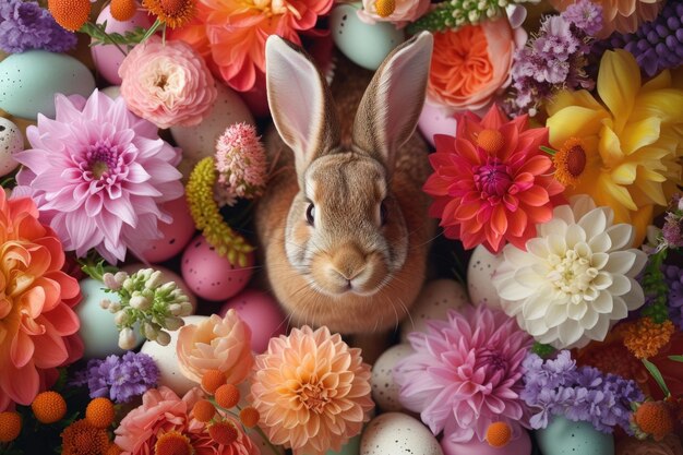 Le lapin de Pâques au pays des merveilles de fleurs et d’œufs vibrants