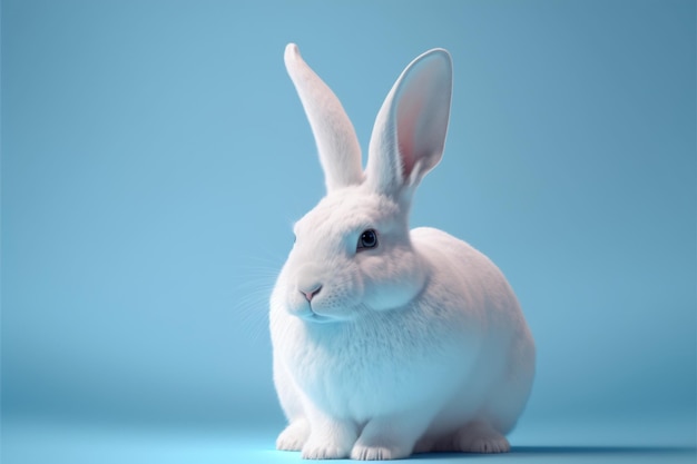 Lapin de Pâques blanc sur fond bleu pastel, grande oreille. IA générative