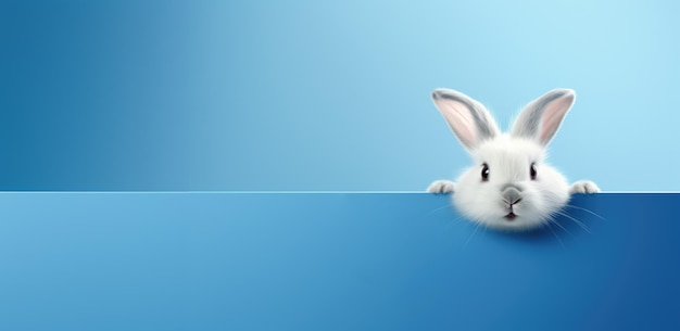 Un lapin de Pâques blanc et moelleux fait ressortir un signe bleu à l'arrière-plan de la Pâque avec un espace de copie