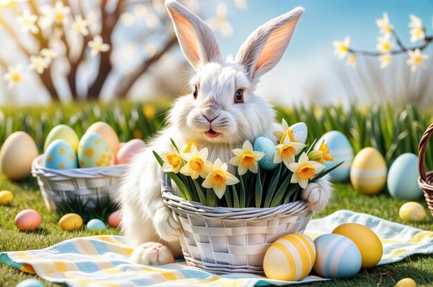 Un lapin de Pâques blanc avec un panier de fleurs et des œufs de Pâque sur la pelouse de printemps