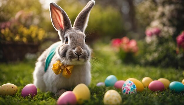 Le lapin de Pâques cache des œufs colorés dans un jardin magnifiquement décoré