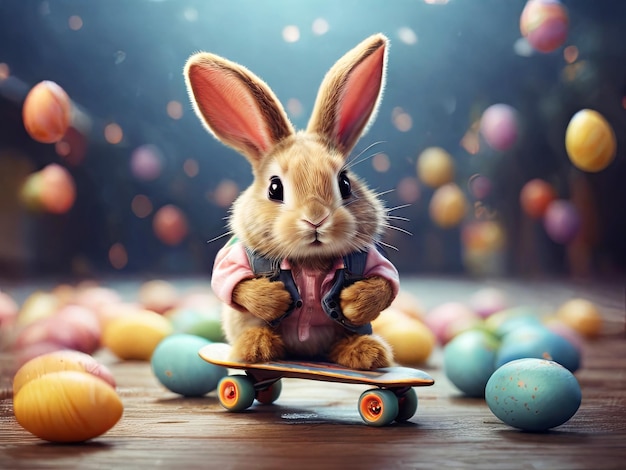Un lapin de Pâques capricieux sur une planche de skate avec des œufs décorés