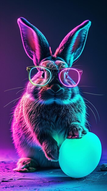Un lapin de Pâques cool portant des lunettes de soleil tient un œuf au néon coloré sous une lumière au néon