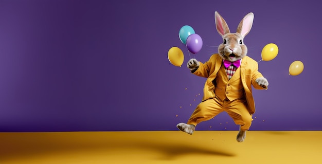 Le lapin de Pâques en costume jaune avec des ballons