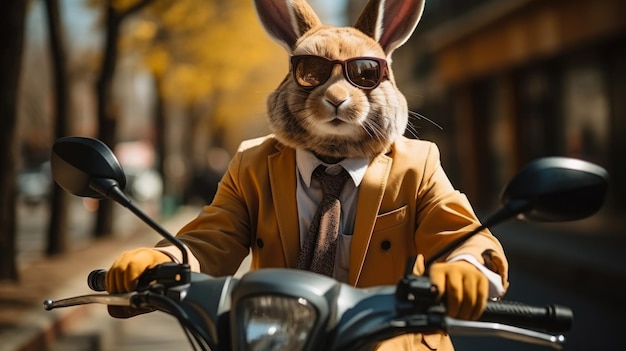 Un lapin de Pâques en costume va rencontrer des amis sur un scooter. Portrait en gros plan. Carte postale drôle.