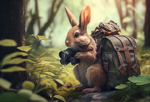 Photo le lapin de pâques curieux avec des jumelles et un sac à dos dans la forêt