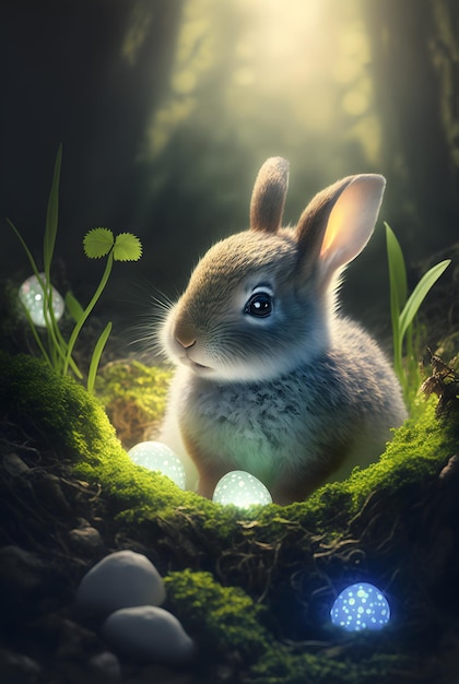 Lapin de Pâques dans la forêt parmi les oeufs de Pâques Un petit lapin moelleux est à la recherche d'oeufs décorés de couleur dans la lumière du soleil de l'herbe de la forêt