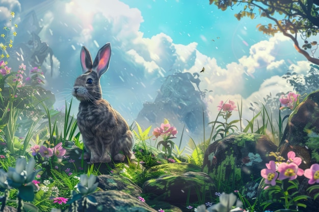 Photo le lapin de pâques dans un monde fantastique ia générative