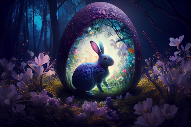 Lapin de Pâques dans l'œuf avec une scène de forêt nocturne mystique pleine de fleurs