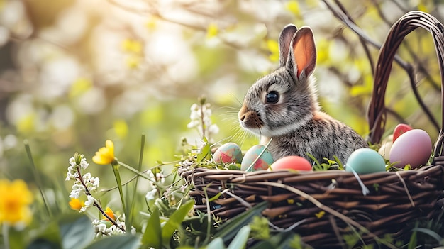 Le lapin de Pâques dans un panier avec des œufs colorés sur le fond de fleurs de printemps